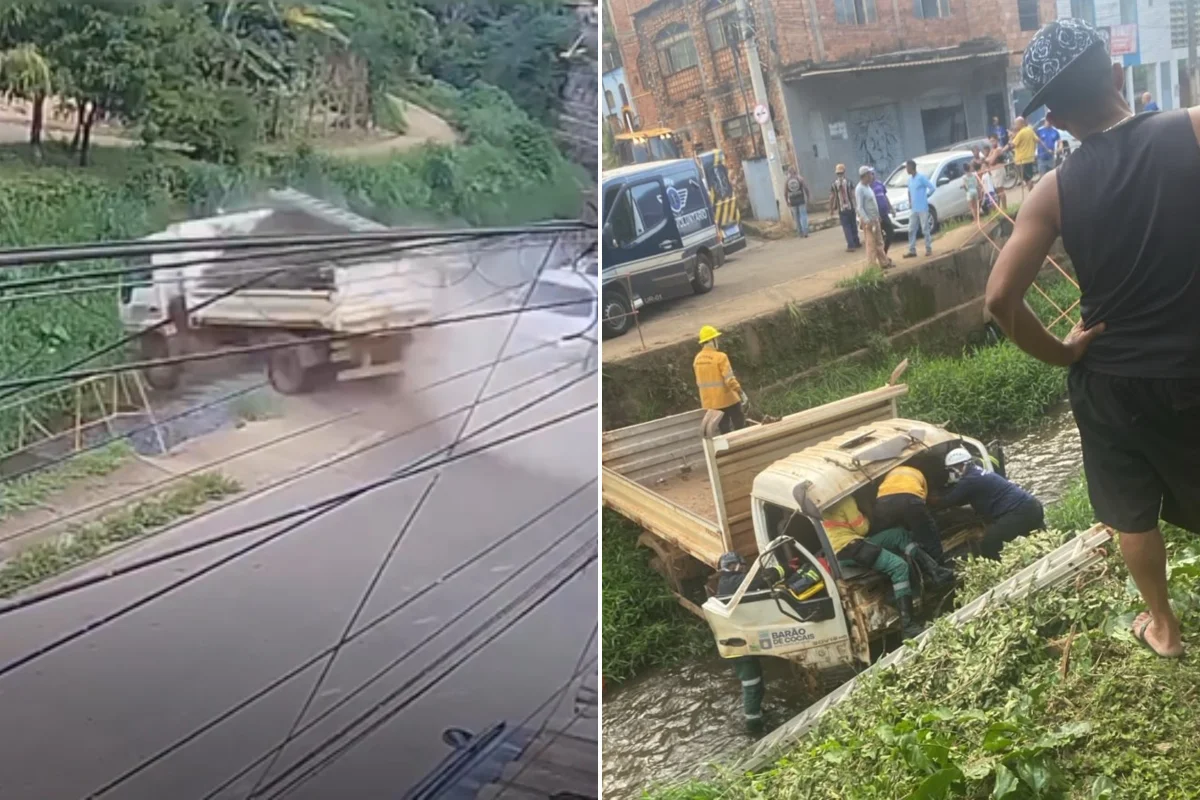 Caminhão cai em córrego e deixa dois servidores municipais feridos em MG