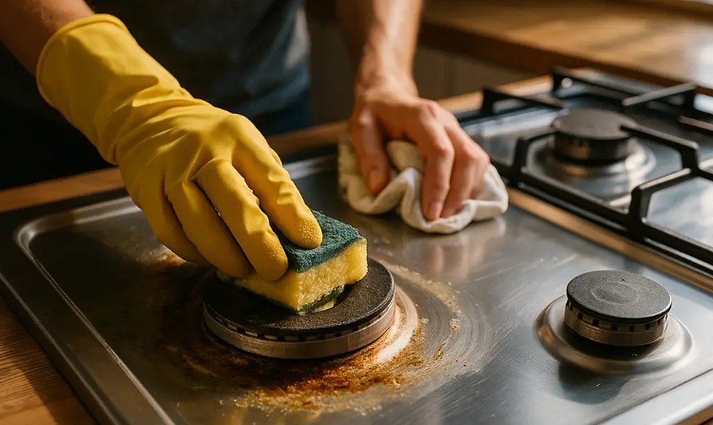 Gordura endurecida no inox pede paciência em vez de força: detergente neutro, água morna e pano macio resolvem a maior parte dos casos — Foto: Reprodução / Internet
